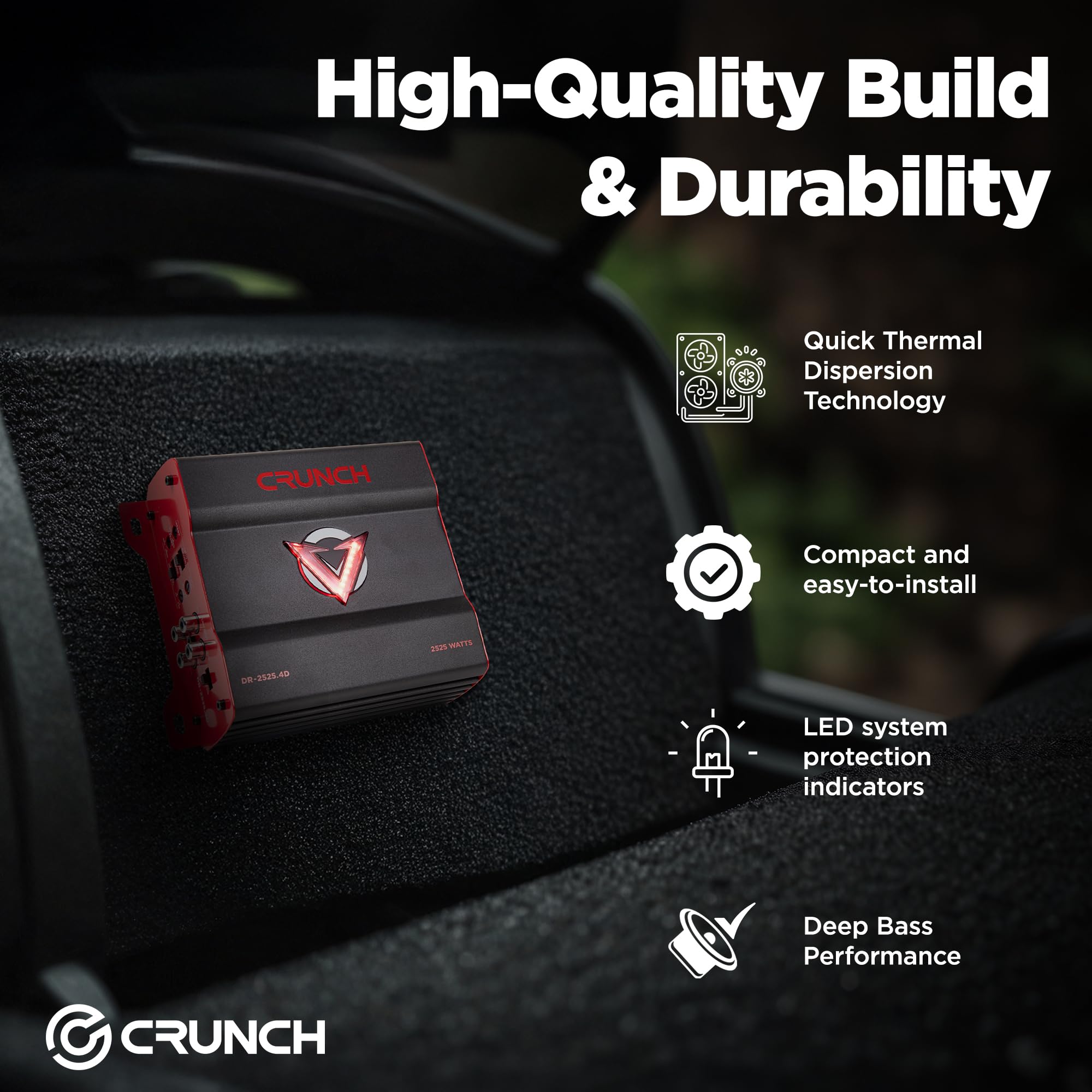 Crunch 2525W 4 Channel Subwoofer Car Audio Amplifier with Adjustable Crossovers, Bass Knob & Remote, LED VU-Meter, QTD Cooling and PWM Power Supply Crunch 2525W 4 Channel Subwoofer Car Audio Amplifier with Adjustable Crossovers, Bass Knob & Remote, LED VU-Meter, QTD Cooling and PWM Power Supply